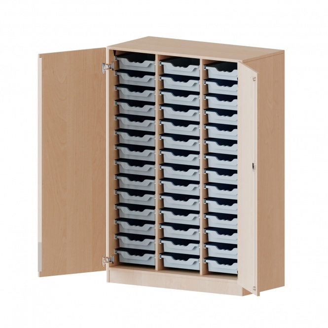 ErgoTray Schrank, 3reihig, 4 OH, zweitürig, mit 42 flachen Boxen, B/H/T 104,5x154x50cm 